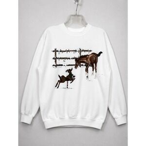 Vintage Sun Sportswear Christmas Horse Reindeer Western Pullover White S Rodeo